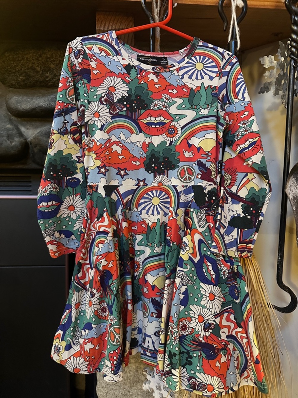 Rock Your Kid - Girls Multicolor Retro Print Long-Sleeve Dress